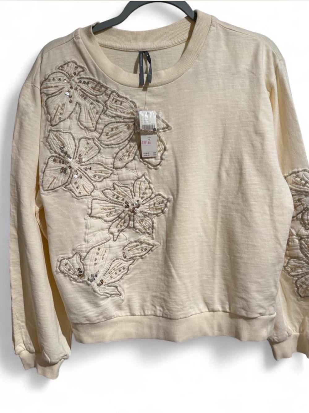 Anthropologie Women’s Cream Embroidered Floral Sweatshirt